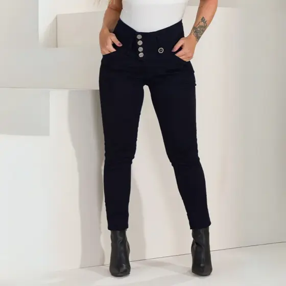 Calça Feminina Jeans Skinny Chapa Barriga Lycra Tamanho Grande Levanta Bumbum Cintura Alta 4 Botões