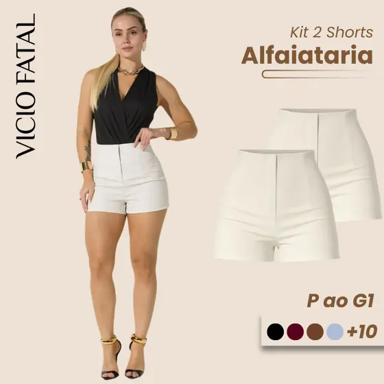 Kit de 2 Shorts Feminino Iguais de Alfaitaria Fecho Invisível Cintura Alta Varias Cores Verão Curto