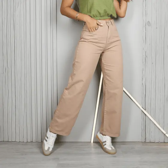 Calça Feminina Wide Leg Collors Tex Denim Jeans Elastano Cintura Média e alta Verão Botão e Bolsos