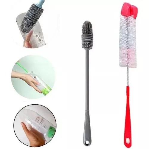 Kit 2 Escovas P/ Lavar Louça Garrafa Copo Canudo Mamadeira Silicone e Nylon