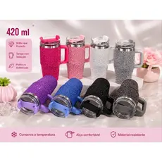 Copo Térmico Diamond Strass com Canudo e Alça 420ml Inox Garrafa Térmica Diamante Brilhante