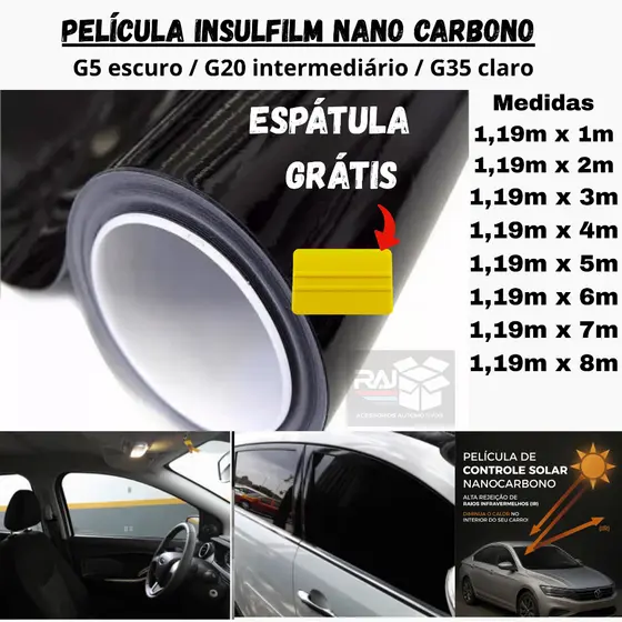 Película tipo Insulfilm Nano Carbono Profissional, largura 1,19m – G5 G20 G35 Automotiva/Residencial