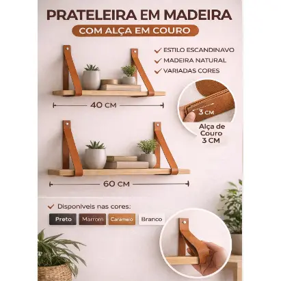 Prateleira Suspensa de Madeira com Alça de Couro – Estante Decorativa Parede