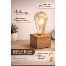 Luminária de Mesa Madeira Retrô Vintage com Soquete – Abajur Decorativo Quarto Sala Cabeceira