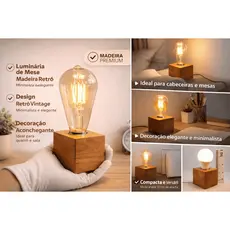 Luminária Cubo de Madeira com fio 1,20 preto e plug liga/desliga Abajur Decorativo Moderno Quarto Sala Escritório
