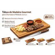 Tábua de Madeira Gourmet para Churrasco e Petiscos 30x15cm | Tábua para Servir Carne, Queijo e Aperitivos