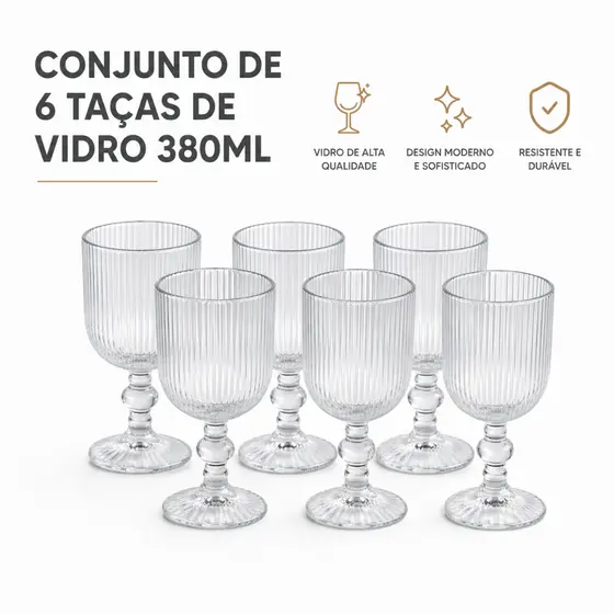 CONJUNTO 6 TAÇAS DE VIDRO ATHENS 380ML TRANSPARENTE RESISTENTE ELEGANTE