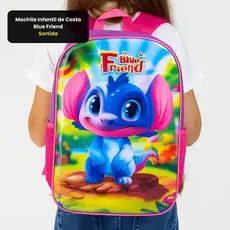 Mochila Infantil Escolar Blue Friend Costa 13L Poliéster Resistente Alças Ajustáveis Azul Rosa