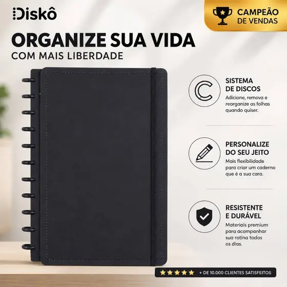 Caderno de Disco Grande Disko Black G Capa Dura 80 Folhas Reposicionável Planner Faculdade Trabalho