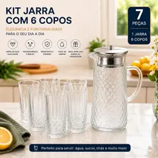 Kit Jarra Vidro 1,5L Tampa Hermética + 6 Copos Lily 280ml Elegante Suco Água Drinks