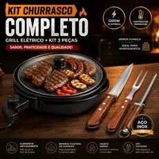 Kit Churrasco Completo Grill Elétrico 220V Termostato 1200W + Faca Garfo Chaira Inox