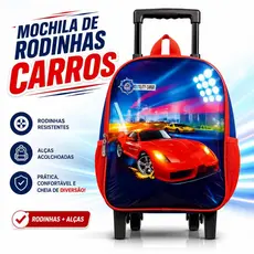 Mochila Infantil de Rodinhas Carros Escolar com Alças Ajustáveis Compartimento Grande Sortida