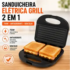 Sanduicheira Grill Elétrica 2 em 1 Antiaderente 750W 127V Prensa Dupla Sem Óleo