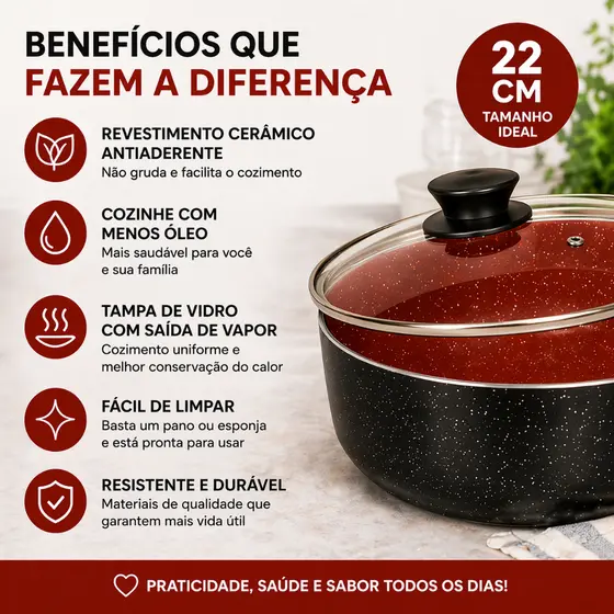 Panela Caçarola 20cm Antiaderente Cerâmica Tampa Vidro