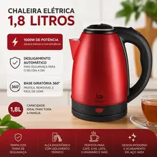 Chaleira Elétrica 1,8L 1000W 127V Aço Inox Desligamento Automático Base 360° Ferve Água Rápido Vermelha