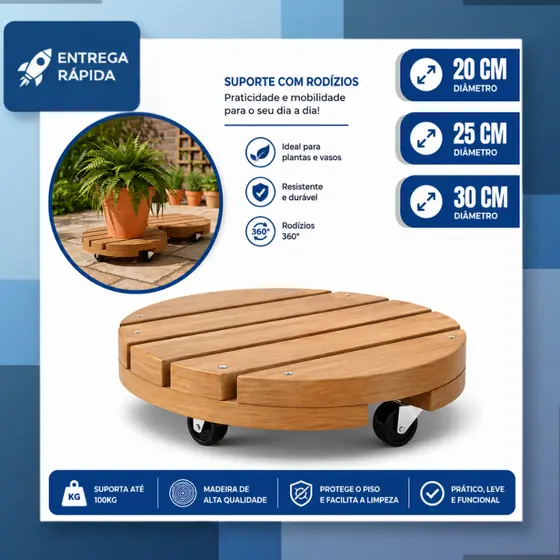 Suporte Redondo Madeira Com Rodinhas Para Botijão Ou Vaso De Planta 20cm 25cm 30cm Suporta Até 80 kg