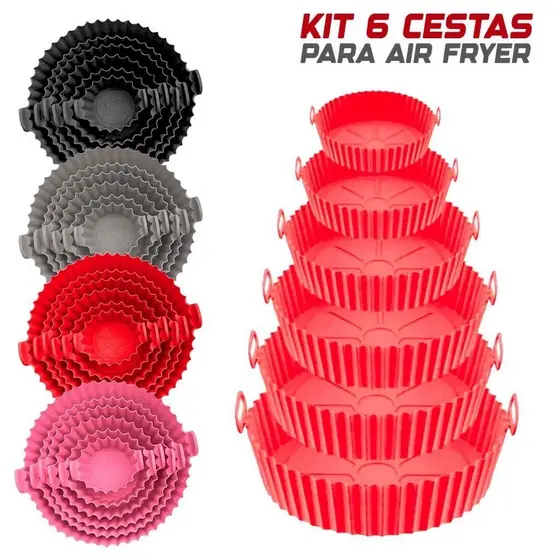 Kit 6 Formas de Silicone Para Air Fryer Reutilizável Tamanho Variado Protetor Assadeira Com Alça