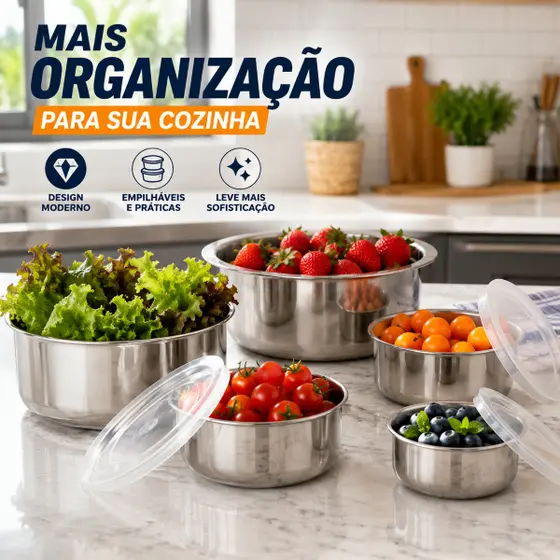 Conjunto De Potes Hermeticos Em Inox 5 Pecas Com Tampas Plasticas Cozinha