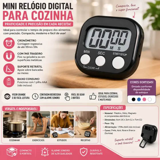 Relogio Digital Cozinha Timer Compacto Cronometro Temporizador Eletronico Sortido
