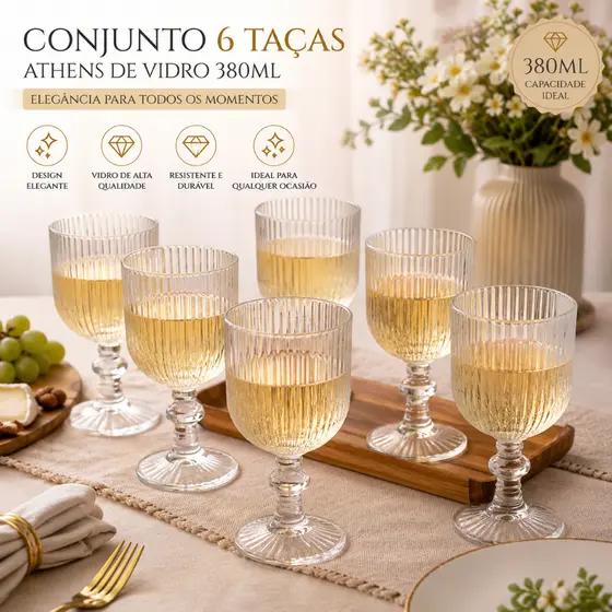 Conjunto 6 Taças Vidro 380ml Elegantes Resistente Ideal Festas Ocasiões
