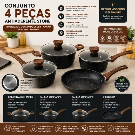 Conjunto Panelas Antiaderente Tampa Vidro Quatro Pecas Cozinha Moderna