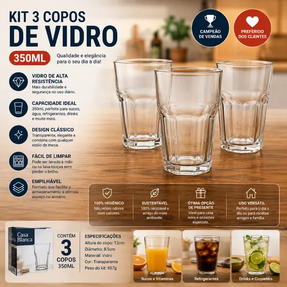 Kit Três Copos Vidro 350ml Resistente Capacidade Ideal Uso Diário