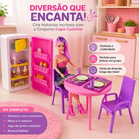 Conjunto Copa Cozinha Mini Geladeira Brinquedo Boneca Menina Rosa Infantil