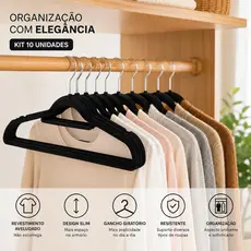 Kit 10 Cabides Slim Veludo Antiderrapante Preto Organizador Roupas