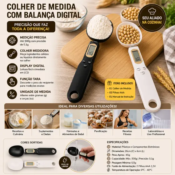 COLHER DE MEDIDA COM BALANÇA DIGITAL LCD MEDIDOR DE ALTA PRECISÃO Até 0,1g 500g