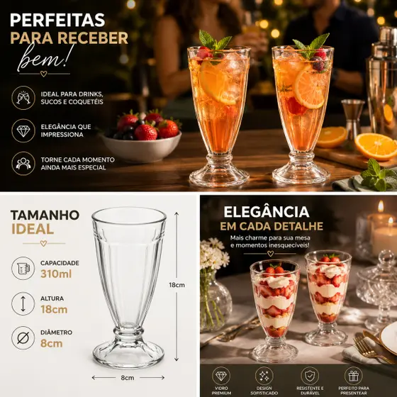Conjunto 2 Taças Vidro Transparente 310ml Copos Elegantes Duráveis Ocasiões Especiais Mesa Posta