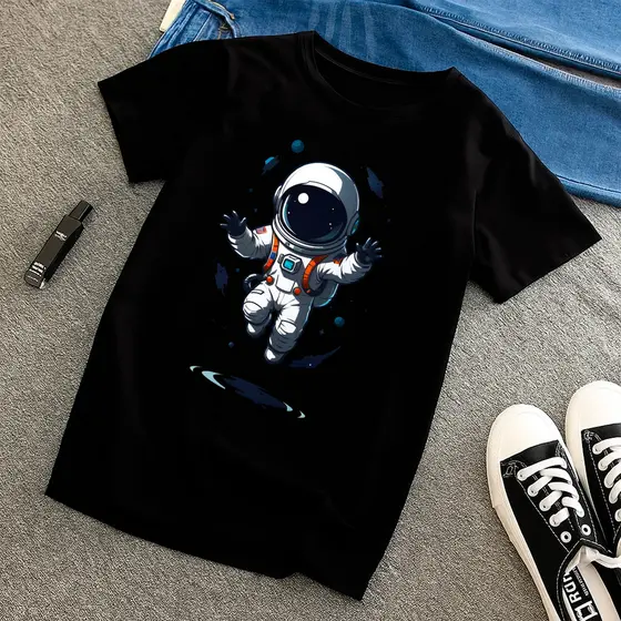 Camiseta Infantil Juvenil Preta Astronauta 100% Algodão Estiloso Geek Casual