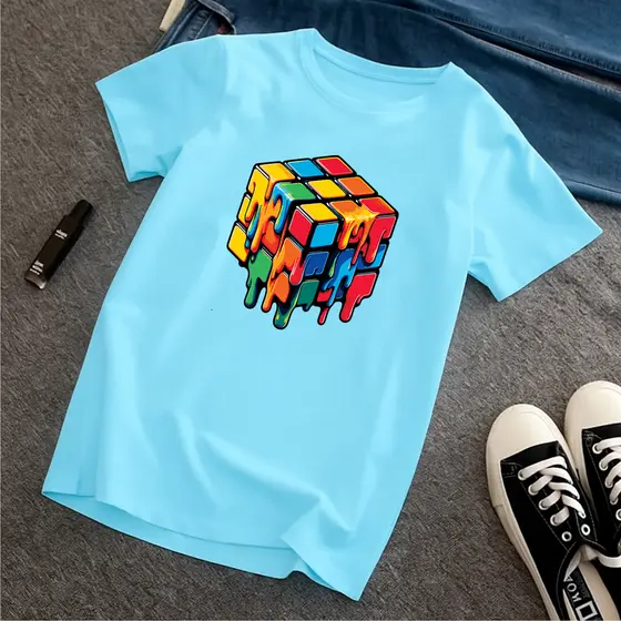 Camiseta Gamer Cubo Mágico Infantil Juvenil 100% Algodão Azul Casual, Confortável e Colorida