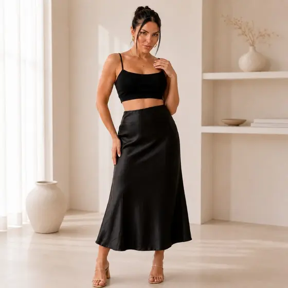 Saia Mídi de Cetim Feminina Acetinada Lisa Cintura Alta Elegante Social Casual Festa Não Marca