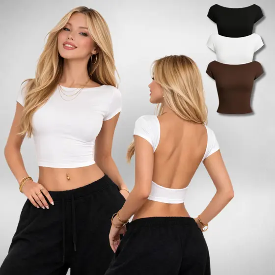 Cropped Feminino Costa Nua Ombro a Ombro Baby Tee Suplex Manga Curta Moda Verão Entrega Rápida
