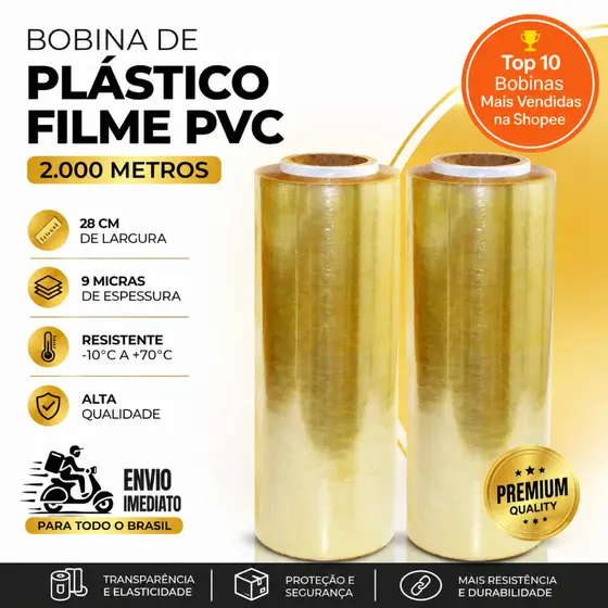 Kit 2 Rolos 1000m cada Bobina Plastica de Filme PVC 38cm x 1000 metros