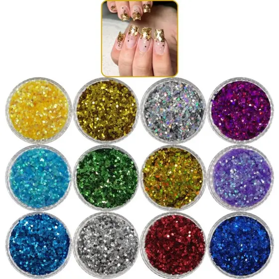 Kit 12 Glitter Nail Art Decoração de Unhas Postiças Realista Acrigel Uv Led
