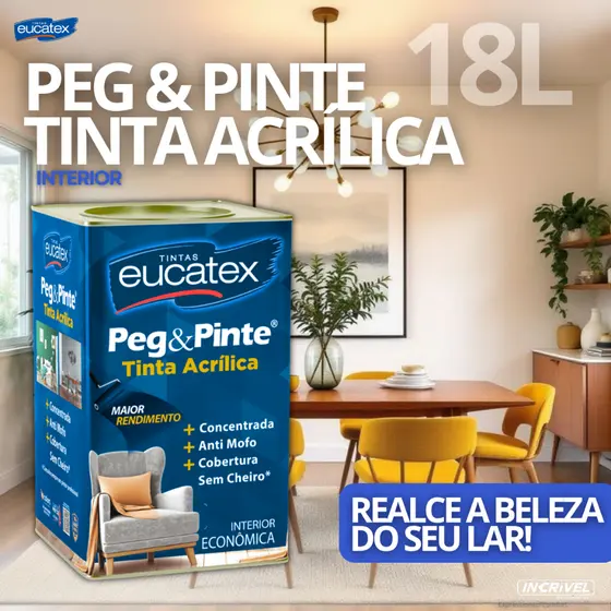 Tinta Econômica Eucatex Peg & Pinte Anti Mofo Sem Cheiro Interna Fosca 18L Cores Parede Casa Prédio