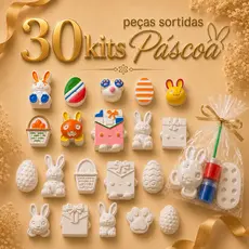 Kit 30 Lembrancinhas Pintura Infantil 2 Gesso Cru 1 Pincel 2 Guaches Crianças Pascoa Ovos Coelho