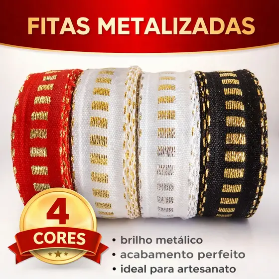 Kit Passa Fita Falso 4 Cores Metalizadas 10 Metros cada Rolo Galão 100% Poliester