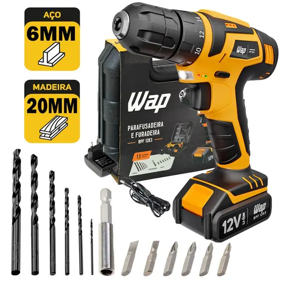 Parafusadeira Furadeira Sem Fio 12V Com Maleta Brocas e Acessórios BPF 12K3 Wap