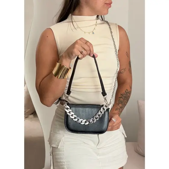 Bolsa pequena feminina de ombro e alça transversal corrente moderna elegante para festa balada