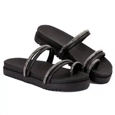 Sandalia papete feminina tira strass macia confortavel lançamento tira com brilho