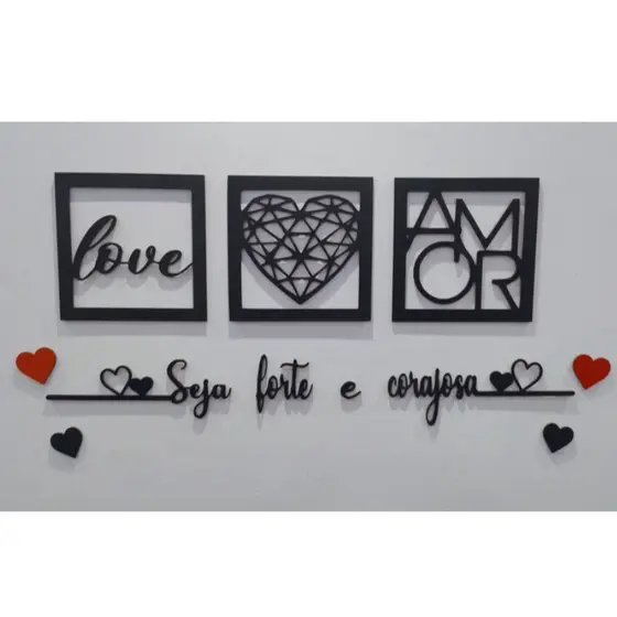 Kit 3 Quadros Decorativos + Frase Com 2 Mini Apliques de Coração Frase de Parede Quarto Ou Sala