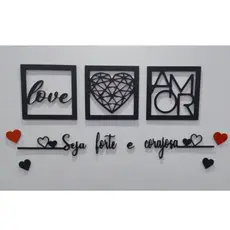 Kit 3 Quadros Decorativos + Frase Com 2 Mini Apliques de Coração Frase de Parede Quarto Ou Sala