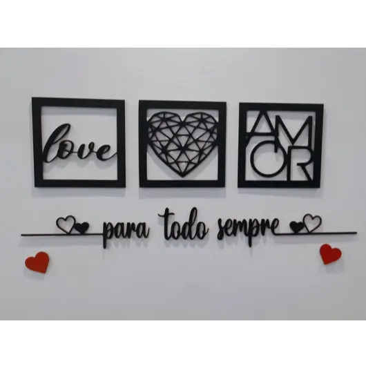 Kit 3 Quadros Decorativos + Frase Com 2 Mini Apliques de Coração Frase de Parede Quarto Ou Sala