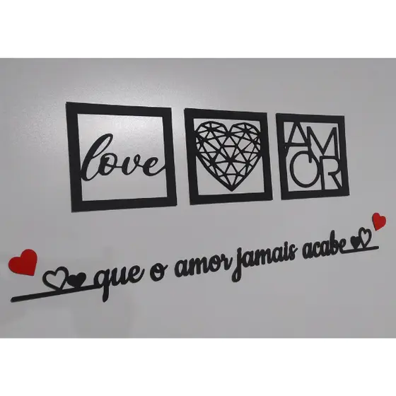 Kit 3 Quadros Decorativos + Frase Com 2 Mini Apliques de Coração Frase de Parede Quarto Ou Sala