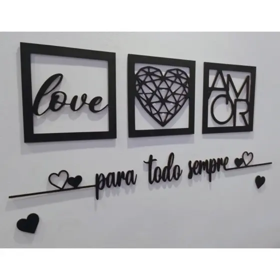 Kit 3 Quadros Decorativos 30 CM + Frase Com 2 Mini Apliques de Coração Frase de Parede Quarto Ou Sala
