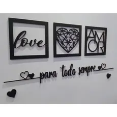 Kit 3 Quadros Decorativos 30 CM + Frase Com 2 Mini Apliques de Coração Frase de Parede Quarto Ou Sala