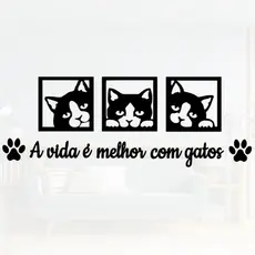 Kit 3 Quadros Decorativos + Frase A Vida é Melhor Com Gatos Frase de Parede Quarto Ou Sala