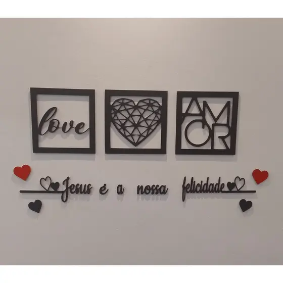 Kit 3 Quadros Decorativos + Frase Com 2 Mini Apliques de Coração Frase de Parede Quarto Ou Sala